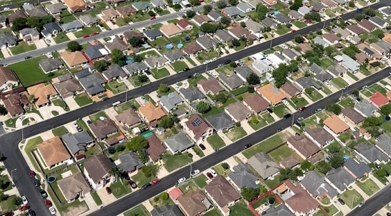 image from airplane of single family neighborhood in Brownsville