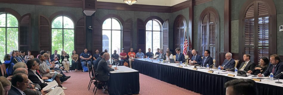 A nice room at the UT RGV Brownsville campus set up for a hearing of the Texas House Committee on Transportation. The committee is to the right chaired by Terry Canales and the crowd is to the left, with TxDOT CEO Marc Williams sitting at the witness table facing the committee.